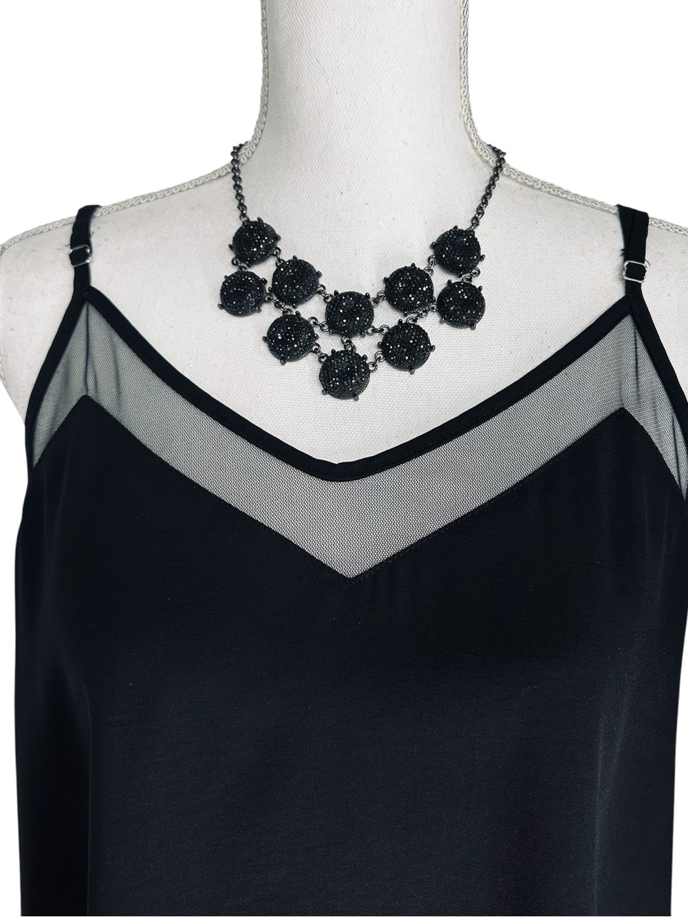 ETC! / Black Glitter Bead Statement Necklace / Dark Silver Tone / 20” Length